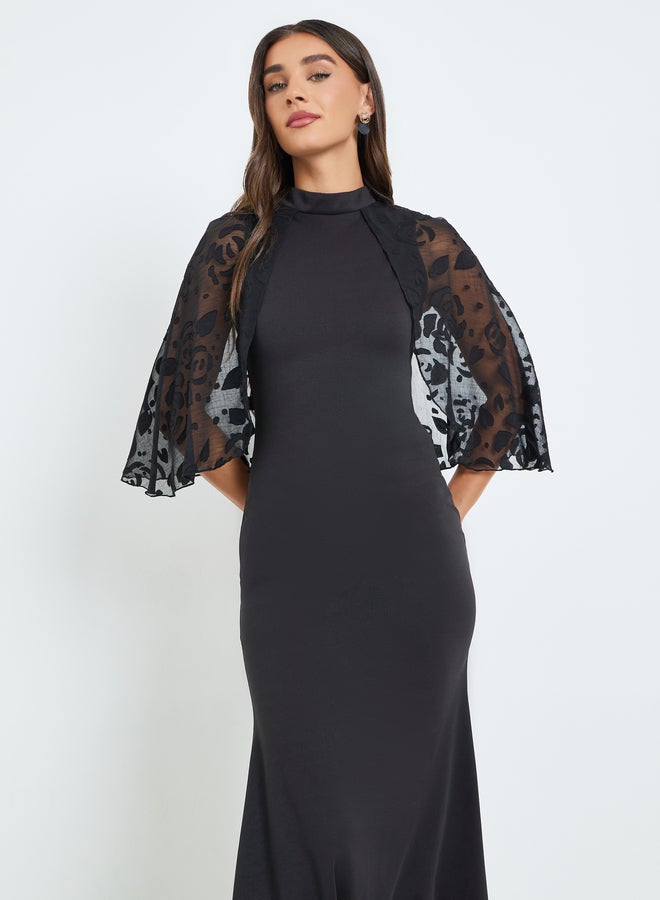 Styli Women Black Sheer Cape Sleeves Mermaid Maxi Dress - Image 1